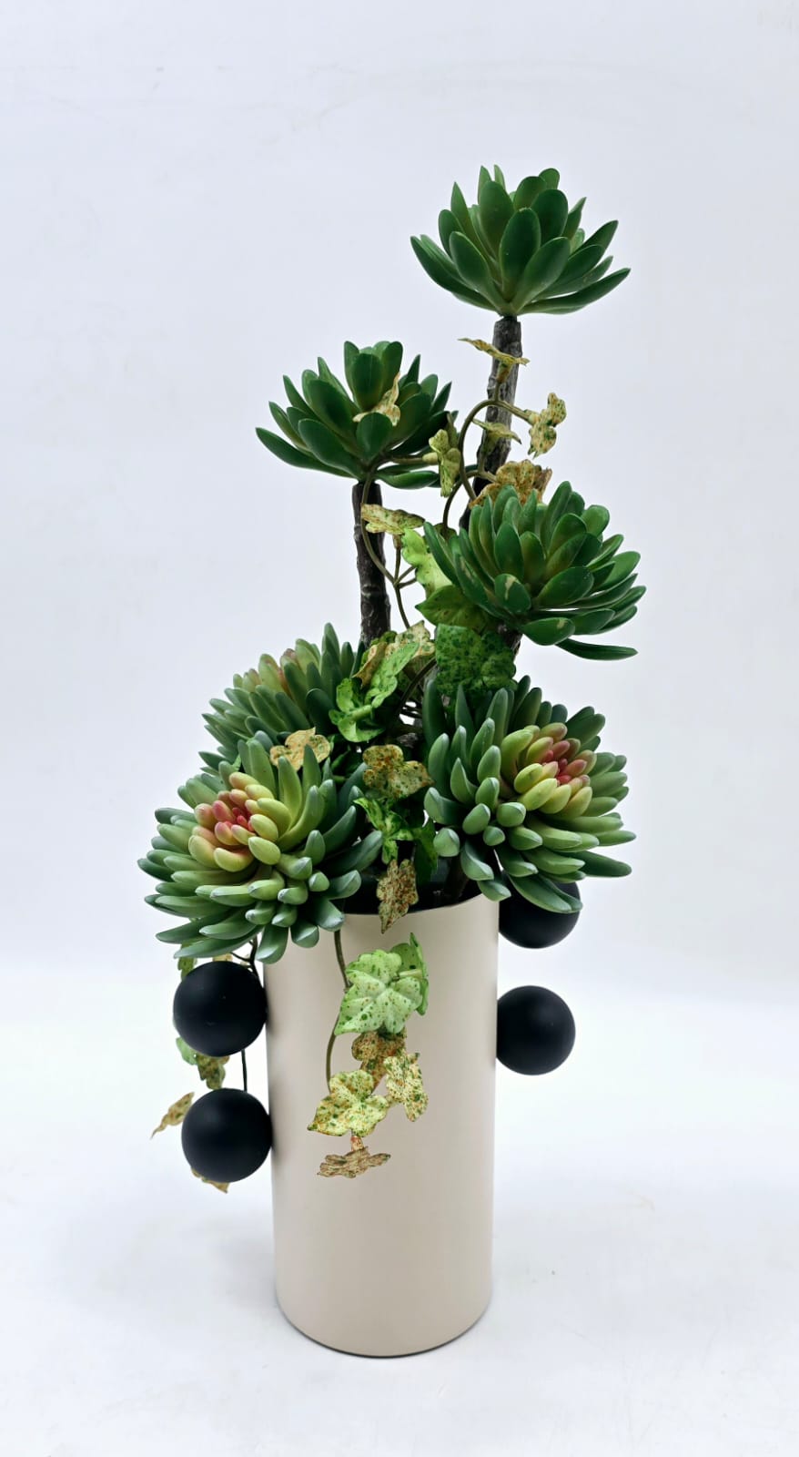 אגרטל צילינדר קרם עם כדורים שחורים בשזירת סוקולנטים